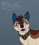  2012 aliasing ambiguous_gender blue_eyes blue_inner_ear bluekyokitty brown_body brown_fur brown_nose bust_portrait canid canine character_name digital_drawing_(artwork) digital_media_(artwork) english_text eyebrows feral flat_colors fur grey_background handwritten_text head_tuft looking_up low_res mammal neckerchief open_mouth open_smile pattern_kerchief pattern_neckerchief plaid_kerchief plaid_neckerchief portrait purple_tongue sebdoggo simple_background smile solo tan_body tan_fur teeth text tongue tuft 