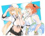  2girls ahoge arm_at_side arm_up artoria_caster_(fate) artoria_caster_(swimsuit)_(fate) artoria_pendragon_(fate) asymmetrical_clothes asymmetrical_pants baseball_cap belt bikini black_pants black_ribbon black_scrunchie blonde_hair blue_innertube blue_sky breasts brown_shorts closed_eyes cloud collarbone cowboy_shot criss-cross_halter crop_top crop_top_overhang cropped_jacket fate/grand_order fate_(series) food food_in_mouth fujimaru_ritsuka_(female) green_belt green_eyes hair_ornament hair_scrunchie halterneck hand_up hat holding holding_food holding_innertube holding_popsicle innertube jacket jewelry kitada light_blush long_hair long_sleeves looking_ahead medium_breasts medium_hair multiple_girls navel open_mouth open_pants orange_hair outdoors pants pendant popsicle popsicle_in_mouth ribbon sailor_collar scrunchie see-through see-through_jacket short_sleeves shorts side_ponytail single_pantsleg sky smile striped striped_jacket striped_ribbon swimsuit tank_top transparent_innertube twintails watch white_bikini white_headwear white_jacket white_sailor_collar white_tank_top wristwatch 