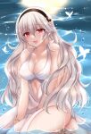  1girl alternate_costume between_legs black_hairband breasts bug butterfly cleavage clothing_cutout corrin_(female)_(fire_emblem) corrin_(fire_emblem) dress fire_emblem fire_emblem_fates grey_hair hairband hand_between_legs highres kirishima_riona long_hair looking_at_viewer medium_breasts navel navel_cutout open_mouth partially_submerged pointy_ears red_eyes seiza sitting smile solo white_dress 