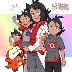  4boys :d aged_up black_hair black_pants blue_eyes carrying character_name coat collared_shirt commentary_request eyelashes family fuecoco goh_(pokemon) grey_pants grey_shirt holding holding_phone male_focus multiple_boys notice_lines open_clothes open_coat open_mouth pants phone pokemon pokemon_(anime) pokemon_(creature) pokemon_journeys red_shirt rotom rotom_phone sara_bon shirt short_sleeves smile teeth tongue upper_teeth_only white_coat 