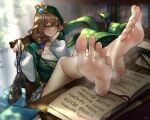  1girl barefoot beret black_footwear blurry blurry_background blush book braid braided_ponytail breasts brown_hair chair closed_mouth commission depth_of_field desk english_commentary feet feet_up foot_focus foreshortening genshin_impact greek_toe green_eyes green_headwear hair_between_eyes hair_over_shoulder hand_on_own_cheek hand_on_own_face hands_up hat high_heels highres holding indoors jewelry large_breasts legs lisa_(a_sobriquet_under_shade)_(genshin_impact) lisa_(genshin_impact) long_sleeves looking_at_viewer medium_hair necklace nikishiko official_alternate_costume pixiv_commission plant puffy_long_sleeves puffy_sleeves shoes shoes_removed signature sitting smell soles solo steaming_body tilted_headwear toenails toes 