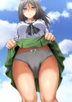  1girl absurdres black_hair black_neckerchief blouse blue_eyes blue_sky bow bow_panties closed_mouth cloud cloudy_sky commentary_request commission crotch_seam day from_below frown girls_und_panzer glaring green_skirt grey_panties half-closed_eyes highres lifted_by_self long_hair long_sleeves looking_at_viewer miniskirt neckerchief nonna_(girls_und_panzer) ooarai_school_uniform outdoors panties partial_commentary pleated_skirt sailor_collar school_uniform serafuku shirt skeb_commission skirt sky solo standing swept_bangs underwear white_sailor_collar white_shirt zanntetu 