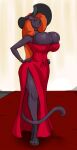  anthro big_breasts black_body breasts cleavage clothed clothing dress felid female hair hat headgear headwear huge_breasts jludragoon mammal orange_hair pantherine red_clothing red_dress rosetta_(jludragoon) solo 