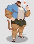  anthro barazoku beard big_bulge big_claws big_pecs bottomwear bulge buzzybub claws clothed clothing ear_piercing facial_hair haplorhine hi_res huge_biceps large_female looking_at_object looking_at_phone male mammal monkey muscular muscular_male pecs piercing primate shorts solo thick_thighs 