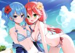  2girls :d absurdres ahoge arm_around_shoulder beach bikini blue_eyes blue_hair blue_jacket breasts cleavage closed_mouth day earrings flower green_eyes hair_flower hair_ornament hibiscus highres hololive hoshimachi_suisei jacket jewelry large_breasts long_hair mauve medium_hair multiple_girls navel open_clothes open_jacket outdoors polka_dot polka_dot_bikini red_flower sakura_miko scan side-tie_bikini_bottom side_ponytail small_breasts smile star_(symbol) star_earrings star_in_eye striped striped_bikini swimsuit symbol_in_eye twintails virtual_youtuber yellow_flower 