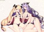  2girls alternate_breast_size bare_legs barefoot bed bikini black_bow blonde_hair bow breasts camilla_(fire_emblem) cape cleavage commentary_request drill_hair earrings elise_(fire_emblem) fire_emblem fire_emblem_fates hair_bow hair_over_one_eye highres horns jewelry kashiwamochi_yomogi kneeling large_breasts light_blush long_hair looking_at_viewer medium_breasts multiple_girls navel official_alternate_costume pillow purple_bikini purple_eyes purple_hair siblings side-tie_bikini_bottom sideboob simple_background sisters skindentation smile stomach swimsuit tiara twin_drills twintails underboob very_long_hair wavy_hair 
