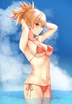  1girl absurdres aoikito_lavender086 arms_behind_head bare_arms bare_shoulders bikini blonde_hair blue_sky blush breasts cloud commentary_request covered_nipples cowboy_shot day genshin_impact highres large_breasts looking_at_viewer navel ponytail red_bikini short_hair side-tie_bikini_bottom sky solo standing stomach swimsuit thighs wading water yellow_eyes yoimiya_(genshin_impact) 