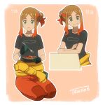  1girl artist_name black_shirt brown_hair clothes_around_waist eating fork gloves green_eyes highres holding holding_fork holding_plate multicolored_hair multiple_views orange_hair orange_pants orla_(pokemon) pants plate pokemon pokemon_(anime) pokemon_horizons shirt shirt_around_waist short_sleeves sitting smile t-shirt tau_(tau_1111) 