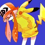  1girl baseball_cap cosplay hands_in_pockets hat hood hood_down hooded_jacket inkling inkling_girl jacket leaning_forward lowres orange_eyes orange_headwear pikachu pikachu_(cosplay) pointy_ears simple_background solo splatoon_(series) tentacle_hair tora_kaede yellow_jacket 