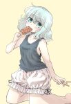  1girl alternate_costume aqua_eyes aqua_hair bangs black_shirt bloomers blush commentary_request eating food highres ice_cream komeiji_koishi looking_at_viewer naegi_(naegidokoro) no_headwear ribbon-trimmed_underwear ribbon_trim shirt simple_background solo touhou underwear wavy_hair yellow_background 