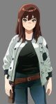  1girl absurdres black_shirt brown_eyes brown_hair closed_mouth denim grey_background highres holster jacket jeans kiruko_(tengoku_daimakyou) looking_at_viewer pants plain_222 shirt simple_background solo standing tengoku_daimakyou white_jacket 