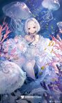  1girl breasts choker cleavage copyright_request coral dress fish frilled_choker frills highres jellyfish looking_at_viewer purple_eyes senryoko smile solo starfish_hair_ornament strapless strapless_dress underwater white_dress white_hair 