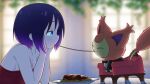  absurdres bare_shoulders black_hair blue_eyes blurry blurry_background commentary commission crossover dress eating elma_(maidragon) english_commentary food from_side gradient_hair greatm8 half-closed_eyes hands_on_own_cheeks hands_on_own_face hands_up highres kobayashi-san_chi_no_maidragon lady_and_the_tramp looking_at_another meatball multicolored_hair pasta plate pokemon pokemon_(creature) profile purple_hair red_dress skitty spaghetti spaghetti_and_meatballs strapless strapless_dress 