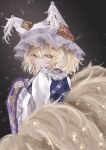  1girl animal_ears blonde_hair blush closed_mouth dress fox_ears fox_tail hat highres long_sleeves mob_cap multiple_tails sarasadou_dan short_hair solo tabard tail touhou upper_body white_dress white_headwear wide_sleeves yakumo_ran yellow_eyes 