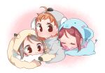  3girls ahoge blush chibi closed_eyes closed_mouth commentary_request grey_hair hair_ornament hairclip highres kashikaze love_live! love_live!_sunshine!! multiple_girls onesie orange_hair red_hair sakurauchi_riko short_hair single_sidelock sleeping takami_chika watanabe_you 