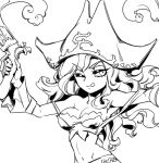  1girl ;q arm_up bare_shoulders breasts cleavage greyscale groin hat large_breasts league_of_legends long_hair miss_fortune_(league_of_legends) monochrome navel one_eye_closed phantom_ix_row pirate_hat solo stomach tongue tongue_out 