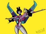  1girl araku_tv black_lips breasts colored_skin curvy grey_skin highres mecha mechanical_wings medium_breasts red_eyes robot science_fiction simple_background slipstream_(transformers) solo toon_(style) transformers transformers_animated wings yellow_background 