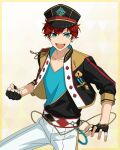  1boy amagi_hiiro aqua_eyes black_gloves clenched_hand cowboy_shot diamond_(shape) earrings ensemble_stars! fingerless_gloves fingernails gloves happy_elements hat high_collar hoop_earrings jacket jewelry long_sleeves looking_at_viewer male_focus official_art open_clothes open_jacket open_mouth pants red_hair short_hair single_earring sleeves_past_elbows solo spade_(shape) teeth third-party_source upper_teeth_only v-neck white_pants 