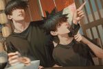  2boys aged_down black_hair black_shirt blue_eyes bowl chopsticks father_and_son food food_theft fushiguro_megumi fushiguro_touji hair_between_eyes holding holding_chopsticks jujutsu_kaisen long_sleeves looking_to_the_side male_focus multiple_boys on_chair pointing restaurant scar scar_on_face scar_on_mouth shirt short_hair sitting spiked_hair teeth zhhy3324 