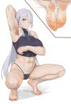  1girl abs absurdres ak-15_(girls&#039;_frontline) arm_behind_head armpit_hair armpits bare_shoulders barefoot black_nails braid breasts cameltoe chinese_commentary closed_mouth commentary_request covering covering_breasts excessive_pubic_hair feet full_body girls&#039;_frontline grey_hair highres large_breasts laserflip long_hair looking_at_viewer nail_polish navel panties presenting_armpit pubic_hair purple_eyes purple_panties shirt simple_background sleeveless sleeveless_shirt soles solo squatting steaming_body stomach sweat thighs tiptoes toes toned underwear very_long_hair white_background 