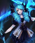  1girl ahoge aikidork_(aikidai) artist_name black_background black_bow black_dress black_gloves bow breasts collarbone detached_sleeves dress drill_hair gloves glowing green_eyes grey_dress grin gwen_(league_of_legends) hair_bow highres league_of_legends long_hair puffy_short_sleeves puffy_sleeves scissors short_sleeves smile solo teeth twin_drills twintails 