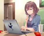  1girl blue_eyes breasts brown_hair computer cup disposable_cup door eating english_commentary food french_fries hair_between_eyes highres laptop mcdonald&#039;s mengo quanzhi_gaoshou shadow short_hair sitting small_breasts solo table tang_rou 