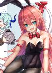  3girls :d animal_ears bare_shoulders black_leotard black_pantyhose blue_background blue_eyes blue_hair border bow bowtie bronya_zaychik bronya_zaychik_(wolf&#039;s_dawn) brown_jacket closed_mouth dot_mouth drill_hair fake_animal_ears fang fishnet_pantyhose fishnets grey_eyes grey_hair headband highres honkai_(series) honkai_impact_3rd horns jacket leotard liliya_olenyeva looking_at_viewer multiple_girls o_o open_mouth orange_bow orange_bowtie pantyhose pink_hair rabbit_ears rozaliya_olenyeva siblings single_horn skin_fang smile strapless strapless_leotard tail textless_version thick_eyebrows twin_drills twins white_border wrist_cuffs yami_anko 