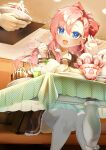  +_+ 1girl 1other :d absurdres bag bendy_straw blue_eyes candy commentary_request cup drinking_straw fang feet_out_of_frame food food_on_face fruit highres holding holding_spoon ice_cream ice_cream_spoon indoors kmnk_(kumanuko) light_blush long_hair long_sleeves open_hand original out_of_frame parfait pink_hair reflection sailor_collar school_bag school_uniform skirt smile solo_focus spoon strawberry sweat sweets table tablecloth thighhighs tray white_thighhighs 