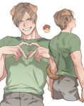  1boy animal_ears blue_eyes blush brown_hair curtained_hair dog_boy dog_ears dog_tail green_shirt grey_pants heart heart_hands jack_krauser leon_s._kennedy male_focus pants resident_evil resident_evil_4 resident_evil_4_(remake) shirt short_hair simple_background smile tail tatsumi_(psmhbpiuczn) teeth white_background 