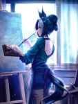  1girl animal_ears back from_side hair_bun holding holding_paintbrush horse_ears horse_girl horse_tail mejiro_ramonu_(umamusume) official_art paintbrush painting_(object) picture_frame tail umamusume window 