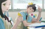  1boy 1girl bishounen black_hair blurry blurry_foreground book character_request crown green_eyes haikyuu!! male_focus necktie nekctie original owbajoesigh phone red_necktie short_hair sitting solo_focus uniform vest 