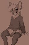  absurd_res anthro azoomer blush bottomless canid canine casual_nudity clothed clothing crossdressing cute_expression digital_media_(artwork) fur genitals girly handpaw hi_res humanoid_genitalia humanoid_penis legwear looking_at_viewer male mammal paws penis simple_background solo thigh_highs 