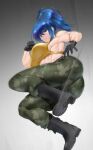  1girl black_gloves blue_eyes blue_hair boots breasts camouflage camouflage_pants combat_boots earrings gloves highres jewelry koucha_indian large_breasts leona_heidern muscular muscular_female pants ponytail rider_kick sleeveless soldier solo the_king_of_fighters the_king_of_fighters_xv 