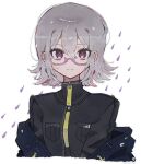  1other black_jacket closed_mouth commentary_request glasses grey_hair hair_between_eyes halara_nightmare jacket looking_at_viewer master_detective_archives:_rain_code mikomi_(90m5x) off_shoulder other_focus pink-framed_eyewear pink_eyes semi-rimless_eyewear short_hair solo symbol_in_eye upper_body water_drop white_background 