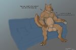  absurd_res animal_genitalia anthro balls canid canine canis dialogue father_(lore) genitals hi_res incest_(lore) joerat male male/male mammal musclegut nude parent_(lore) sheath sitting solo wolf 