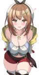  1girl arms_behind_back atelier_(series) atelier_ryza atelier_ryza_1 belt beret blush breasts brown_eyes brown_hair commentary_request hair_between_eyes hair_ornament hat highres kibihimi large_breasts looking_at_viewer navel open_mouth reisalin_stout shorts solo thighhighs thighs 