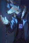  absurd_res anthro blue_body blue_clothing blue_fur blue_hair blue_jacket blue_topwear canid chain chained clothed clothing cuff_(restraint) ear_piercing fur hair hi_res jacket kuttoyaki male mammal mouth_closed narrowed_eyes piercing purple_clothing purple_topwear red_eyes restraints shackles simple_background solo topwear white_body white_fur 