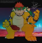  2023 3_toes 4_fingers animal_genitalia anthro armband biped bowser bracelet claws collar digital_media_(artwork) erection eyebrows feet finger_claws fingers genital_slit genitals glistening glistening_eyes green_body hair hi_res horn jewelry koopa male mario_bros nintendo penis pinup pose raccoondouglas red_eyes red_hair scales scalie shell signature slit smile solo spiked_armband spiked_bracelet spiked_collar spiked_shell spiked_tail spikes spikes_(anatomy) tail tan_body tan_scales teeth text toe_claws toes url vein veiny_penis yellow_body yellow_scales 
