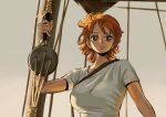  1girl artist_name breasts brown_eyes carlican closed_mouth derivative_work highres large_breasts nami_(one_piece) one_piece one_piece_(live_action) orange_hair outdoors rope screencap_redraw ship shirt smile sunset t-shirt upper_body watercraft 