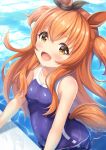  1girl 7fuji_06 absurdres animal_ears blush breasts competition_school_swimsuit ear_bow highres horse_ears horse_girl horse_tail long_hair looking_at_viewer mayano_top_gun_(umamusume) one-piece_swimsuit open_mouth orange_hair partially_submerged pool school_swimsuit small_breasts smile solo swimsuit tail tracen_swimsuit two_side_up umamusume very_long_hair water water_drop wet yellow_eyes 