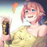  1girl 5saiji ahoge alcohol beer beer_can blue_eyes blush breasts can commission hair_between_eyes highres holding indie_virtual_youtuber medium_breasts off_shoulder open_mouth pink_hair ponytail purple_hair saliva shirt simple_background skeb_commission solo upper_body virtual_youtuber yellow_shirt 