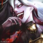  1girl artist_name blood briar_(league_of_legends) celineysus colored_sclera colored_skin english_commentary fingernails gradient_hair grey_hair hair_between_eyes highres league_of_legends long_hair multicolored_hair no_pupils open_mouth pink_hair pointy_ears red_sclera saliva sharp_fingernails sharp_teeth sidelocks smile solo streaked_hair teeth tongue tongue_out two-tone_hair upper_body vampire white_eyes white_nails white_skin 