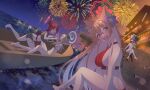  4girls aerial_fireworks animal_ears bikini black_bikini black_hair blue_archive blush breasts brown_hair double_bun eyewear_on_head fireworks flower grey_hair grey_halo hair_between_eyes hair_bun hair_flower hair_ornament hair_over_one_eye halo highres kisaki_(blue_archive) kurape_(pat1na) large_breasts long_hair mina_(blue_archive) multiple_girls night ocean open_mouth outdoors purple_eyes purple_flower red_bikini red_hair red_halo reijo_(blue_archive) rumi_(blue_archive) small_breasts smile sunglasses swimsuit twintails 