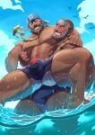  abs absurdres archie_(pokemon) bara bare_pectorals beach beard benoit bulge chest_hair commission dark_skin facial_hair hairy highres large_pectorals leg_hair legs_apart long_sideburns male_focus male_underwear matt_(pokemon) muscular muscular_male pectorals sideburns swimming swimsuit team_aqua thick_thighs thighs topless_male underwear 