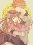  1boy 1girl :d ^_^ arm_around_neck blush closed_eyes commentary couple floating_hair floral_print flower from_side grin hair_between_eyes hair_flower hair_ornament hair_over_shoulder happy hetero highres hood hood_down hoodie hug jacket kanbe_kotori long_hair long_sleeves open_mouth orange_hair pink_flower pink_hoodie profile pyongtaro rewrite short_hair sidelocks simple_background sitting sketch smile tennouji_kotarou very_long_hair wavy_hair white_jacket yellow_background yellow_flower 