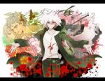  2girls 3boys aircraft bear bird black_pants brown_eyes chain collarbone danganronpa_(series) danganronpa_2:_goodbye_despair flower green_jacket gun handgun helicopter hinata_hajime hood hooded_jacket jacket knife komaeda_nagito male_focus messy_hair military military_vehicle monokuma monomi_(danganronpa) motor_vehicle multiple_boys multiple_girls nanami_chiaki open_clothes open_jacket outstretched_arms pants parted_lips print_shirt rabbit red_flower revolver shirt skull_ornament smile solo_focus tank weapon white_hair white_shirt zunchi24 