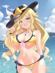  1girl :d ass_visible_through_thighs bare_arms bare_shoulders bikini black_headwear blonde_hair blue_eyes blue_sky bow breasts cleavage cloud commentary cowboy_shot day drill_hair drill_sidelocks genshin_impact hat hat_bow highres jewelry kuro_neko_7 large_breasts long_hair looking_at_viewer navel navia_(genshin_impact) ocean open_mouth pendant sidelocks sky smile solo standing stomach swimsuit thighs very_long_hair water yellow_bikini yellow_bow 