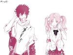  1boy 1girl aisheng_kuroko armband bandage_on_face bandaged_arm bandages belt black_bow black_hair black_pants black_skirt blood blood_on_clothes blood_on_face bow flat_chest grin hand_in_own_hair hand_up jacket kamijou_touma leg_holster limited_palette long_hair long_sleeves looking_at_another miniskirt one_eye_closed open_clothes open_jacket pants parted_bangs pink_eyes pink_hair shirai_kuroko shirt short_hair signature skirt sleeves_rolled_up smile spiked_hair toaru_majutsu_no_index torn_clothes turtleneck twintails upper_body white_background white_bow white_jacket white_shirt wiping_blood 