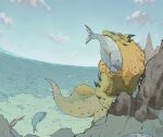  animal blue_eyes claws cloud fins fish holding holding_animal holding_fish horizon horns hunting monster_hunter_(series) nature no_humans ocean open_mouth rock royal_ludroth sky spikes sponge user_gdzk5382 yellow_eyes 
