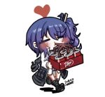  1girl =_= artist_name black_footwear blue_hair blush box brand_name_imitation chibi clip_studio_paint_(medium) closed_eyes clothes_around_waist clothes_pin coat commentary_request dated dr_pepper drink drinking drinking_straw drinking_straw_in_mouth girls&#039;_frontline grey_coat hair_between_eyes hair_ornament heart holding holding_box jacket jacket_around_waist k11_(girls&#039;_frontline) korean_commentary lab_coat long_hair lowres madcore off_shoulder shoes side_ponytail simple_background solo walking white_background 